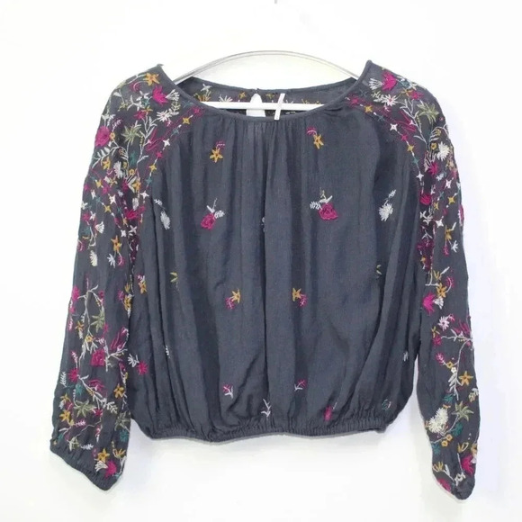 Free People cropped navy gauze embroidered top med - Picture 7 of 12